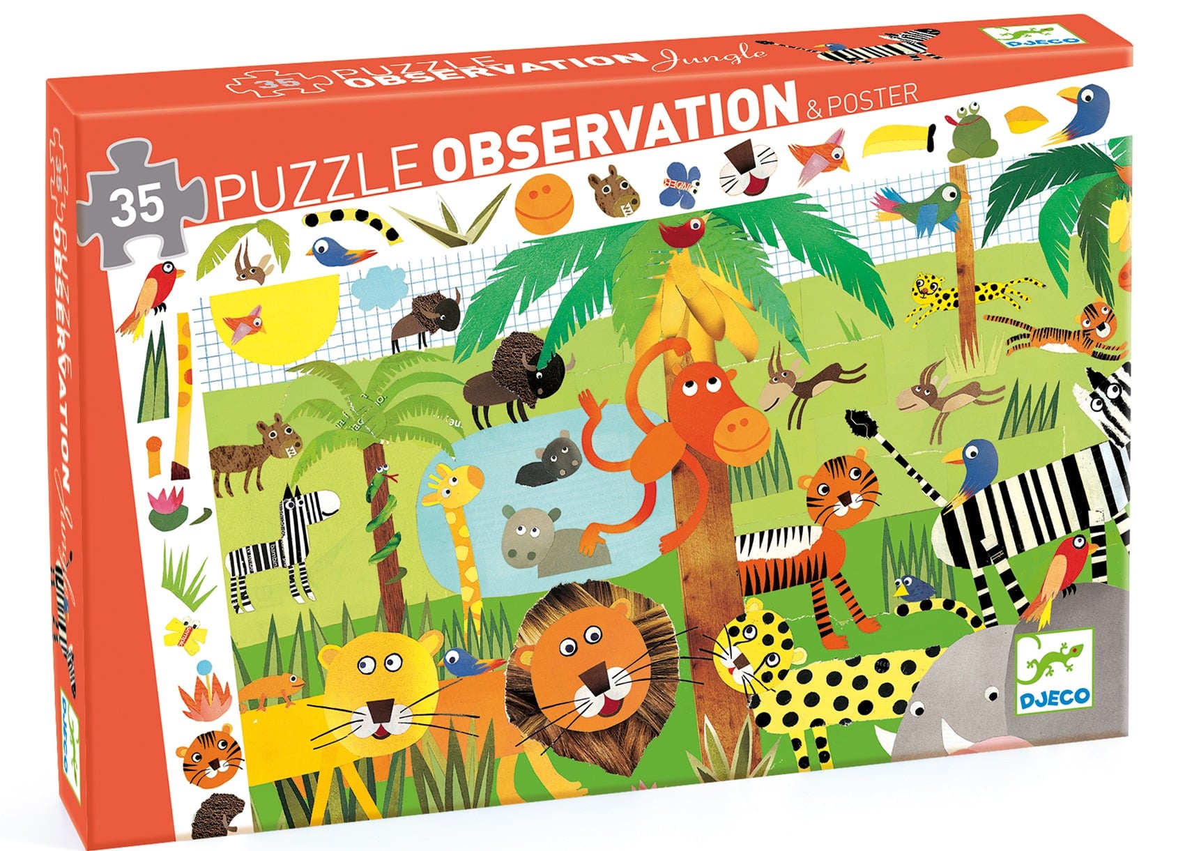 Puzzle 35 elementów z kolorowymi zwierzętami dżungli dla dzieci powyżej 3 lat. Djeco Puzzle Obserwacja DŻUNGLA 35 El. +3 lat