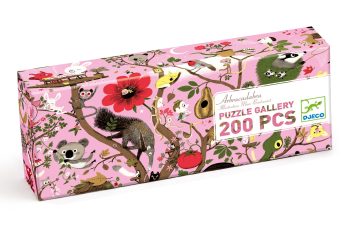 Pudełko puzzli tradycyjnych 200 elementów z kolorowym wzorem zwierząt na różowym tle dla dzieci powyżej 6 lat. Djeco Puzzle Tektur. ABRACADABRA 200 Elem. +6 lat