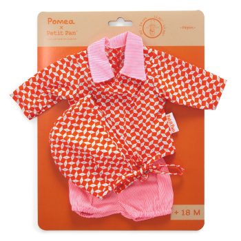 Komplet ubrań dla lalki koszula z kołnierzykiem i krótkie spodenki w pomarańczowo-białe wzory. Djeco Komplet Jasnych Ubrań 3 Elementy PETIT PAN & POMEA pomarańczowy