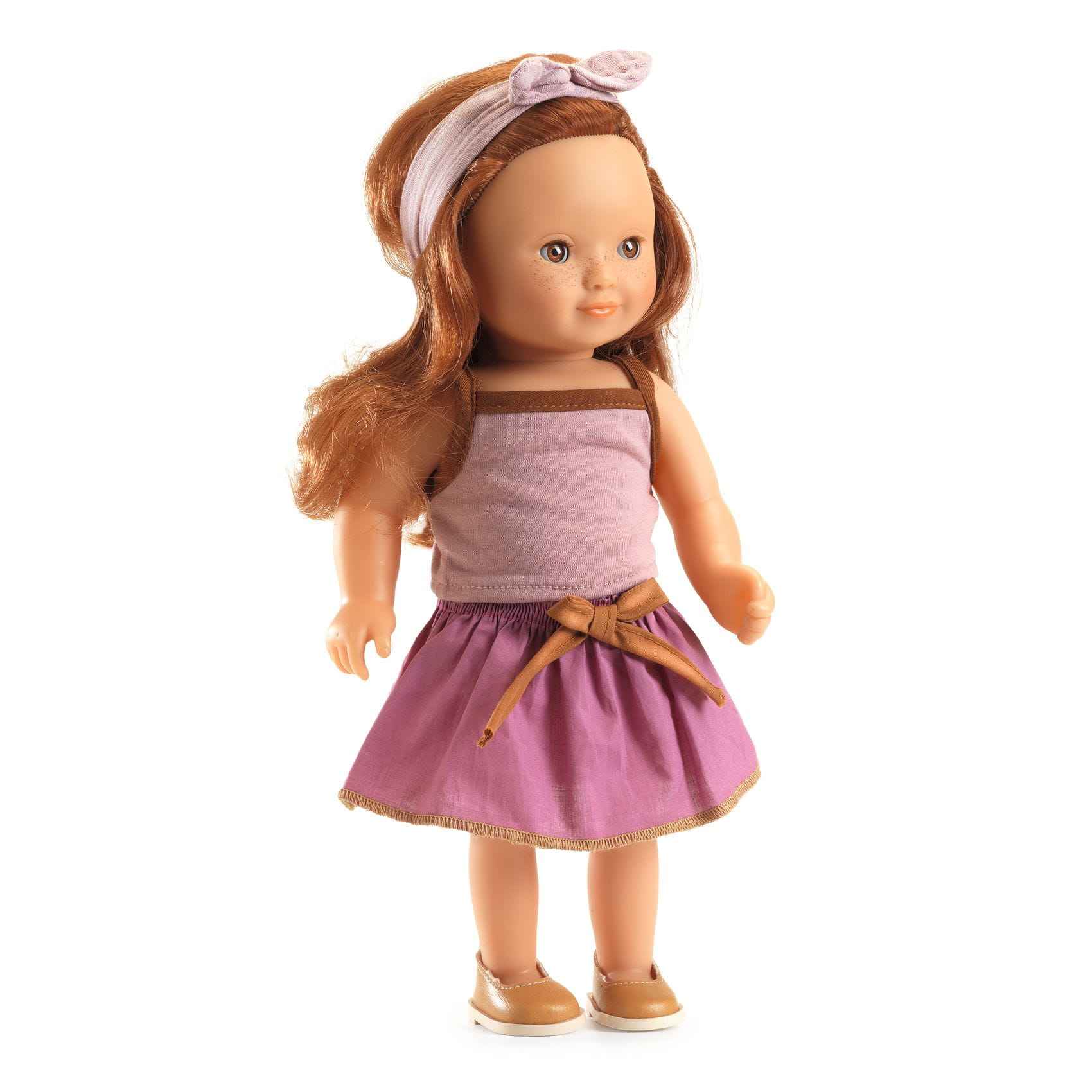 Lalka bobas z długimi rudymi włosami w różowej sukience z kokardą dla dziecka. Djeco Lalka Sophie 32 cm KOLEKCJA LOVELY POMEA