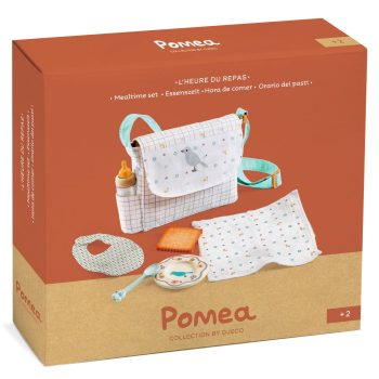 Zestaw akcesoriów do karmienia dla lalek z torbą w biało miętowe wzory dla dzieci powyżej 2 lat. Djeco Torba z akces. do karmienia KOLEKCJA POMEA