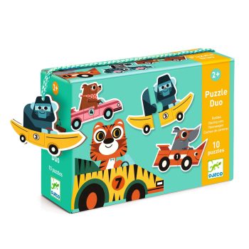 Puzzle progresywne z motywem zwierząt w pojazdach dla dzieci powyżej 2 lat. Djeco Puzzle Duo WYŚCIGÓWKI +2 lat
