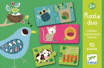 Puzzle progresywne z obrazkami zwierzątek dla dzieci powyżej 2 lat kolorowe elementy z sową kotem krową i ptakiem na zielonym tle. Djeco Puzzle Duo ZWIERZĄTKA +2 lat
