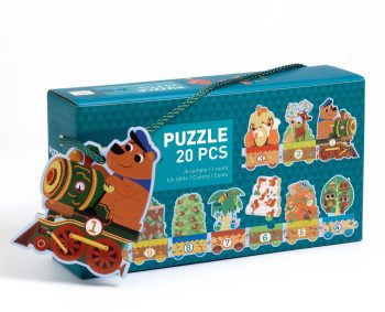 Puzzle progresywne 20 elementów z motywem leśnego pociągu z postaciami zwierząt dla dzieci. Djeco Puzzle Trio LEŚNY POCIĄG 20 El