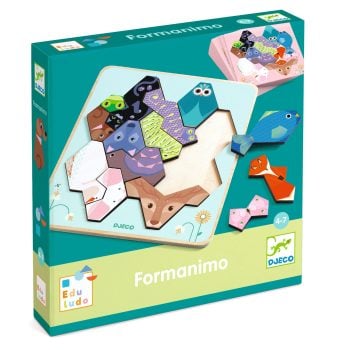 Drewniana gra edukacyjna z kolorowymi figurami zwierząt do układania dla dzieci 4-7 lat. Djeco Gra edukacyjna FORMANIMO