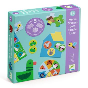 Zestaw 5 gier dla dzieci z motywem zwierząt z farmy w tym domino memory lotto puzzle i ludo. Djeco Zestaw 5 gier NA FARMIE