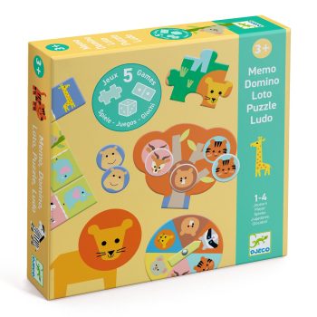 Zestaw 5 gier dla dzieci z motywem zwierząt dżungli zawiera domino memory lotto puzzle i ludo. Djeco Zestaw 5 gier ZWIERZĄTKA W DŻUNGLI