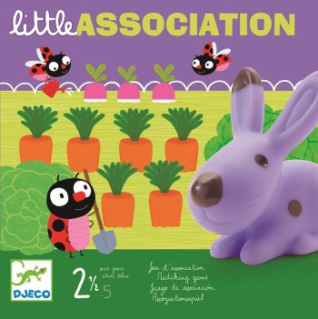 Plansza do gry edukacyjnej z ilustracją marchewek biedronki i fioletowego królika. Djeco Gra planszowa LITTLE ASSOCIATION