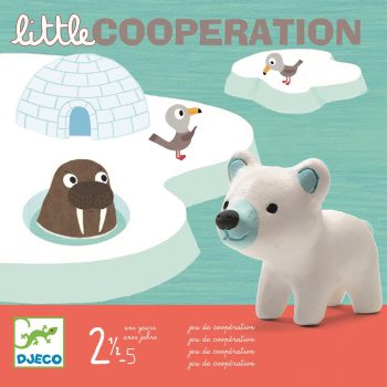 Ilustracja gry edukacyjnej z motywem zwierząt arktycznych z igloo i figurką białego niedźwiedzia polarnego dla dzieci od 2 do 5 lat. Djeco Gra ZWIERZAKI NA ARKTYCE