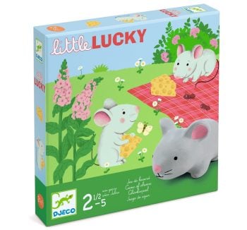 Gra planszowa z ilustracją myszy i sera na zielonym tle dla dzieci od 2 lat. Djeco Gra Planszowa LITTLE LUCKY