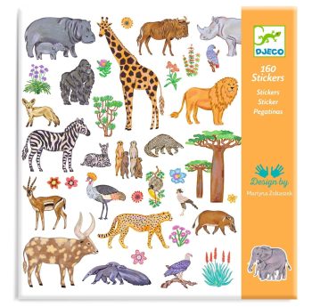 Naklejki zwierząt afrykańskich takich jak żyrafa lew zebra słoń antylopa dla dzieci. Djeco Naklejki KENIA