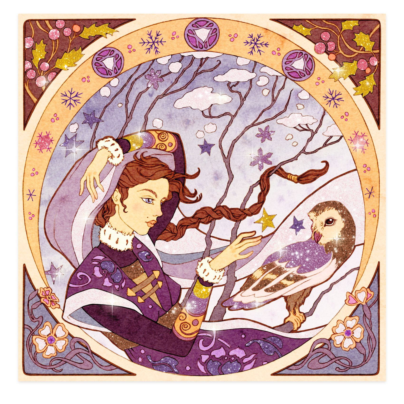 Ilustracja kobiety w fioletowej sukni z sową na tle drzewa i nocnego nieba w stylu artystycznym dla dzieci do kreatywnych prac z piaskiem. Djeco Zestaw art. INSPIRACJE BOGINIE