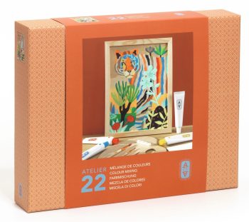 Zestaw do mieszania kolorów z obrazkiem tygrysa i farbami do malowania dla dzieci. Djeco AGA Atelier 22 mieszanie kolorów