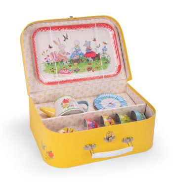 Zestaw naczyń dziecięcych w żółtej walizce z motywem zwierząt i kwiatów dla dziecka. Moulin Roty Zest. naczyń w walizce LA GRANDE FAMILLE