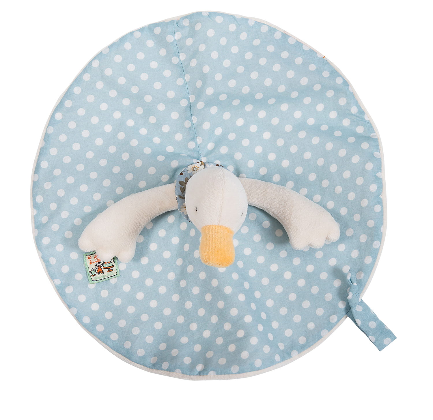 Kocyk przytulanka niebieski w białe kropki z pluszową kaczką dla niemowlaka. Moulin Roty Przytulaczek Kaczka Jeanne śr 28 Cm
