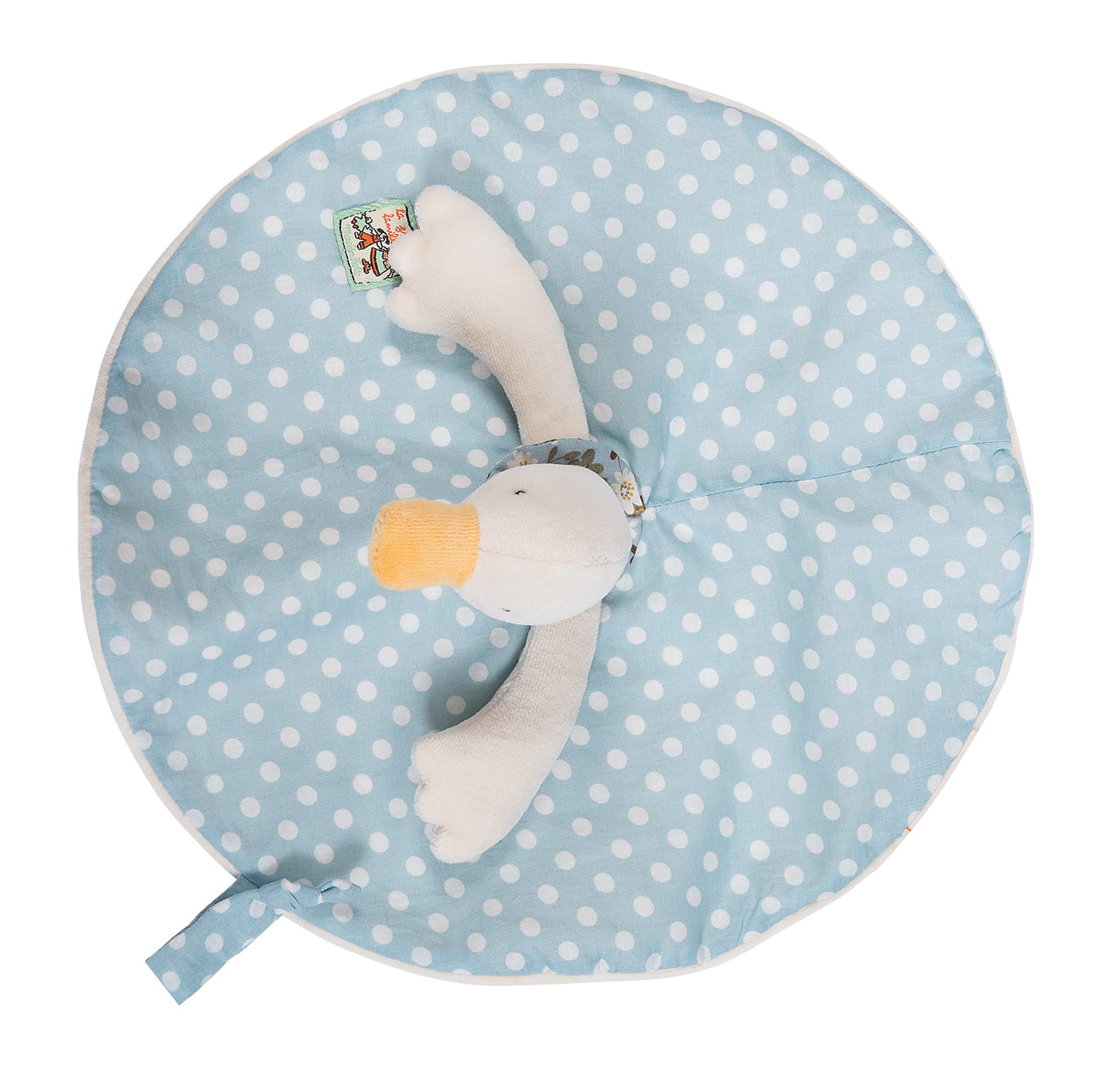 Niebieski okrągły kocyk przytulanka z białymi kropkami i pluszową kaczką dla niemowlaka. Moulin Roty Przytulaczek Kaczka Jeanne śr 28 Cm