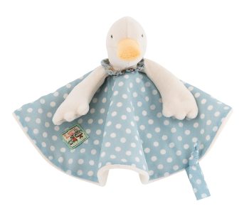 Kaczka przytulanka z materiałowym kocykiem w niebieskie grochy dla niemowlaka. Moulin Roty Przytulaczek Kaczka Jeanne śr 28 Cm