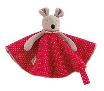 Przytulanka kocyk myszka z szarobrązową głową i czerwonym kocykiem w białe kropki dla niemowlaka. Moulin Roty Przytulaczek Myszka Nini śr28 Cm