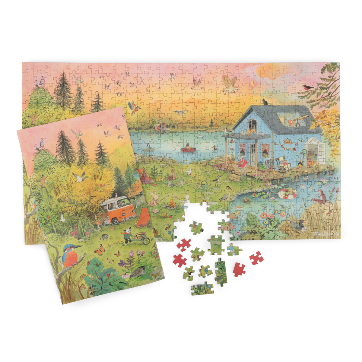 Puzzle kartonowe 500 elementów obrazek z domem nad jeziorem i lasem dla dzieci. Moulin Roty Puzzle kartonowe La Grande Famille500 elem