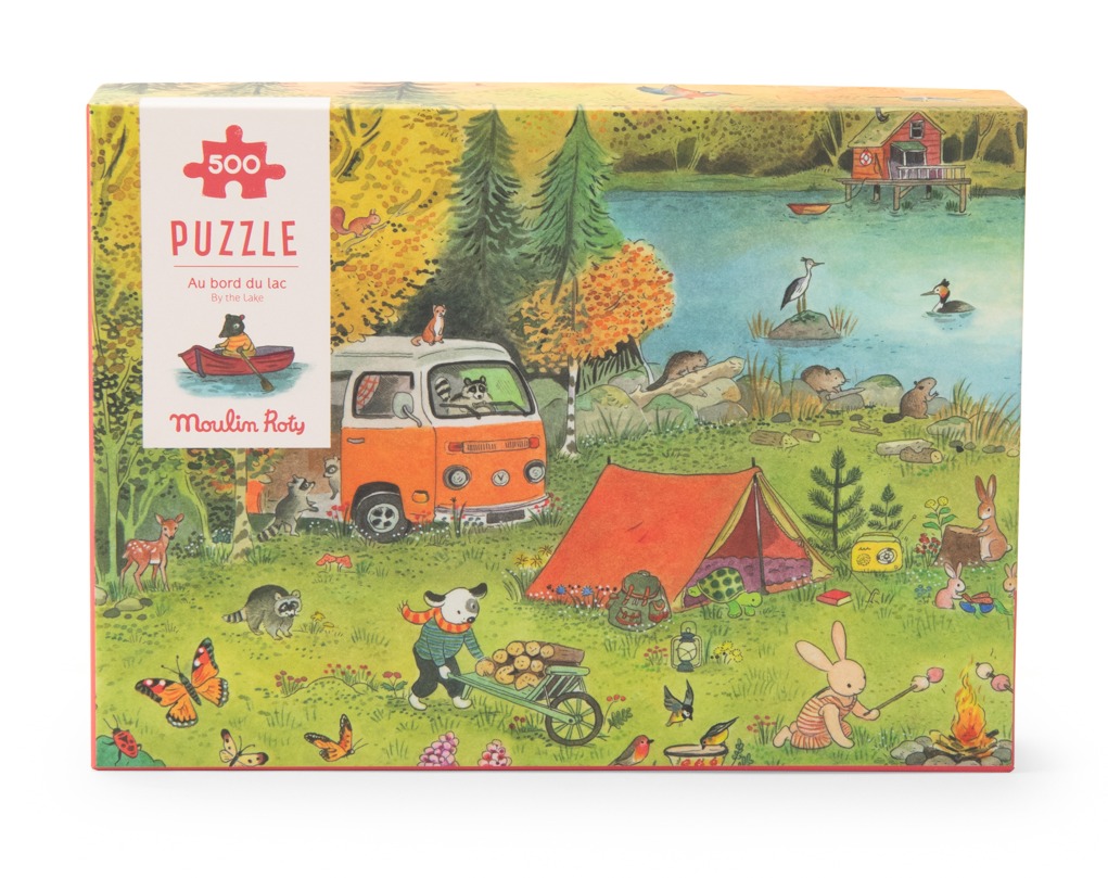 Puzzle kartonowe 500 elementów z ilustracją lasu z namiotem zwierzętami i samochodem dla dzieci. Moulin Roty Puzzle kartonowe La Grande Famille500 elem