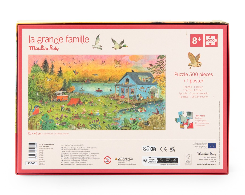 Pudełko z puzzlami kartonowymi 500 elementów z ilustracją wiejskiej sceny z domem jeziorem i zwierzętami dla dzieci powyżej 8 lat. Moulin Roty Puzzle kartonowe La Grande Famille500 elem