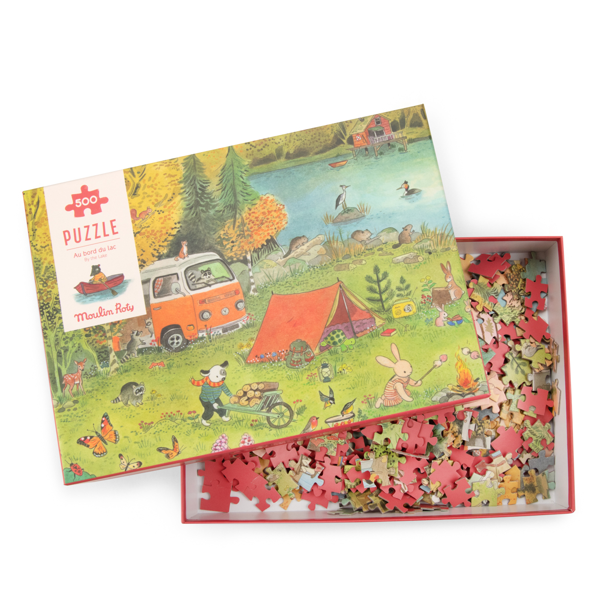 Puzzle kartonowe 500 elementów z ilustracją rodziny zwierząt na polanie z namiotem i jeziorem dla dzieci. Moulin Roty Puzzle kartonowe La Grande Famille500 elem