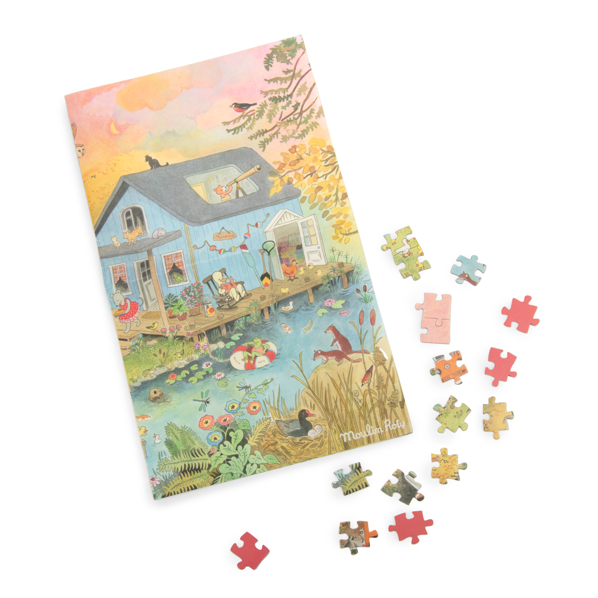 Puzzle kartonowe z ilustracją domu nad jeziorem i zwierząt dla dzieci 500 elementów. Moulin Roty Puzzle kartonowe La Grande Famille500 elem