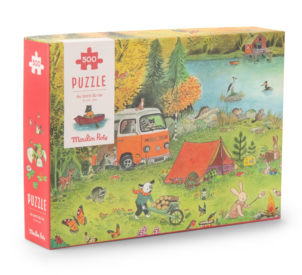 Puzzle kartonowe 500 elementów obrazek z autem, namiotem i zwierzętami na łące dla dzieci. Moulin Roty Puzzle kartonowe La Grande Famille500 elem
