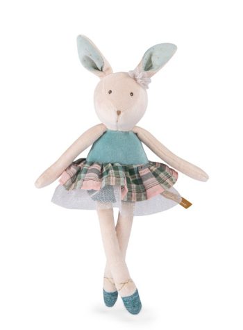 Pluszowy króliczek baletnica w sukience w kratę i turkusowym topie dla dziecka. Moulin Roty Maskotka króliczek baletnica SZKOŁA TAŃCA
