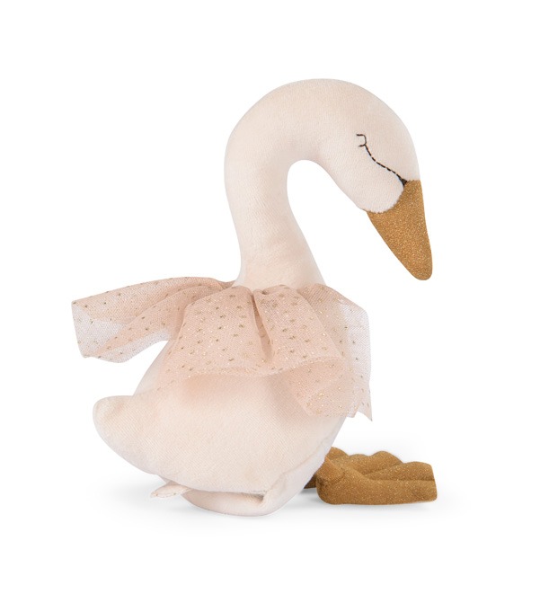 Pluszowa maskotka łabędź w jasnoróżowym kolorze z tiulową falbaną i pozytywką dla dziecka. Moulin Roty Maskotka łabędź z pozytywką