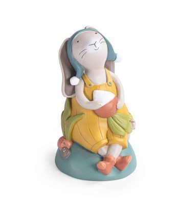 Ceramiczna skarbonka królik w żółtym ubranku i niebieskiej czapce dla dziecka. Moulin Roty Królik skarbonka TRZY MAŁE KRÓLIKI
