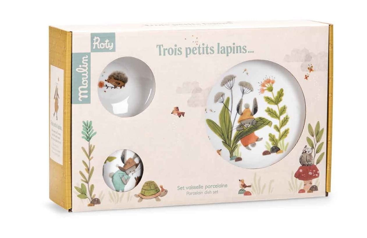 Zestaw naczyń dla dzieci z motywem trzech małych królików porcelanowy talerz miseczka kubek. Moulin Roty Zestaw Naczyń Dla Dzieci Seria TRZY MAŁE KRÓLIKI