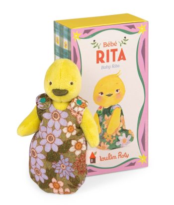 Pluszowa żółta kaczuszka w sukience w kwiaty dla dziecka z kategorii farma. Moulin Roty Kaczuszka BEBE RITA LES MINOUCHKAS