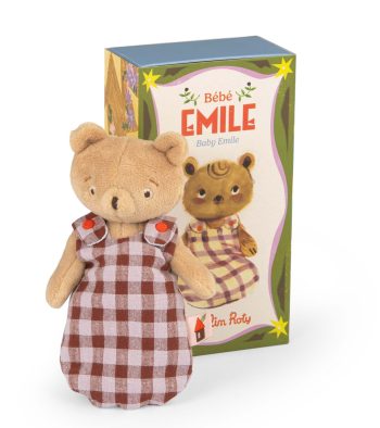 Pluszowy miś w sukience w kratę dla dziecka z serii Bebe Emile. Moulin Roty Miś BEBE EMILE LES MINOUCHKAS