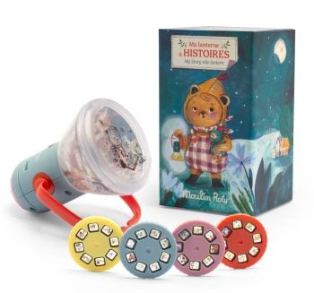 Lampka projektor bajek z wymiennymi tarczami z motywami zwierząt dla dzieci. Moulin Roty Lampka projektor LES MINOUCHKAS