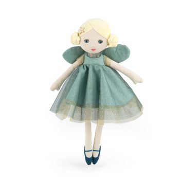 Szmaciana lalka wróżka w zielonej sukience z tiulem z jasnymi włosami i zielonymi skrzydłami dla dziecka. Moulin Roty Wróżka zielona 39cm Les Fées