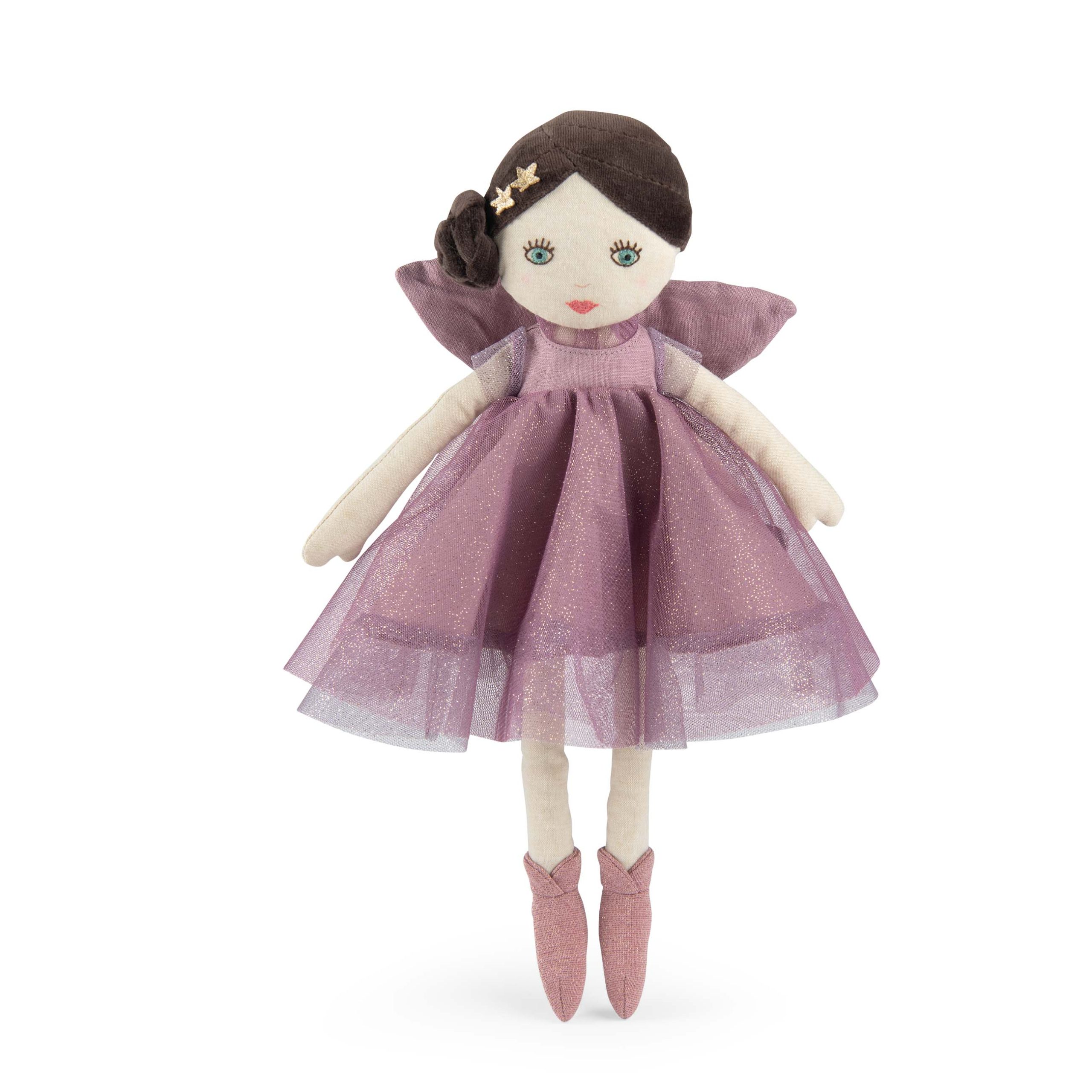 Szmaciana lalka wróżka w fioletowej sukience z tiulem z fioletowymi skrzydłami dla dziecka. Moulin Roty Wróżka fioletowa ISALINE 39cm Les Fées