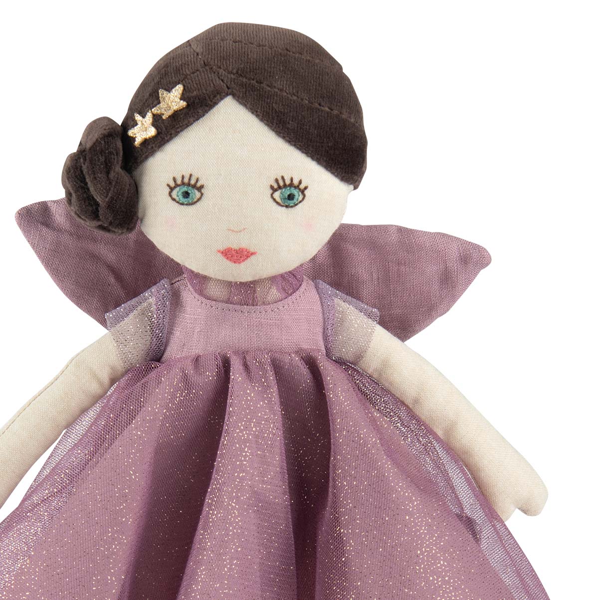 Szmaciana lalka wróżka w fioletowej sukience z tiulem z brązowymi włosami dla dziecka. Moulin Roty Wróżka fioletowa ISALINE 39cm Les Fées