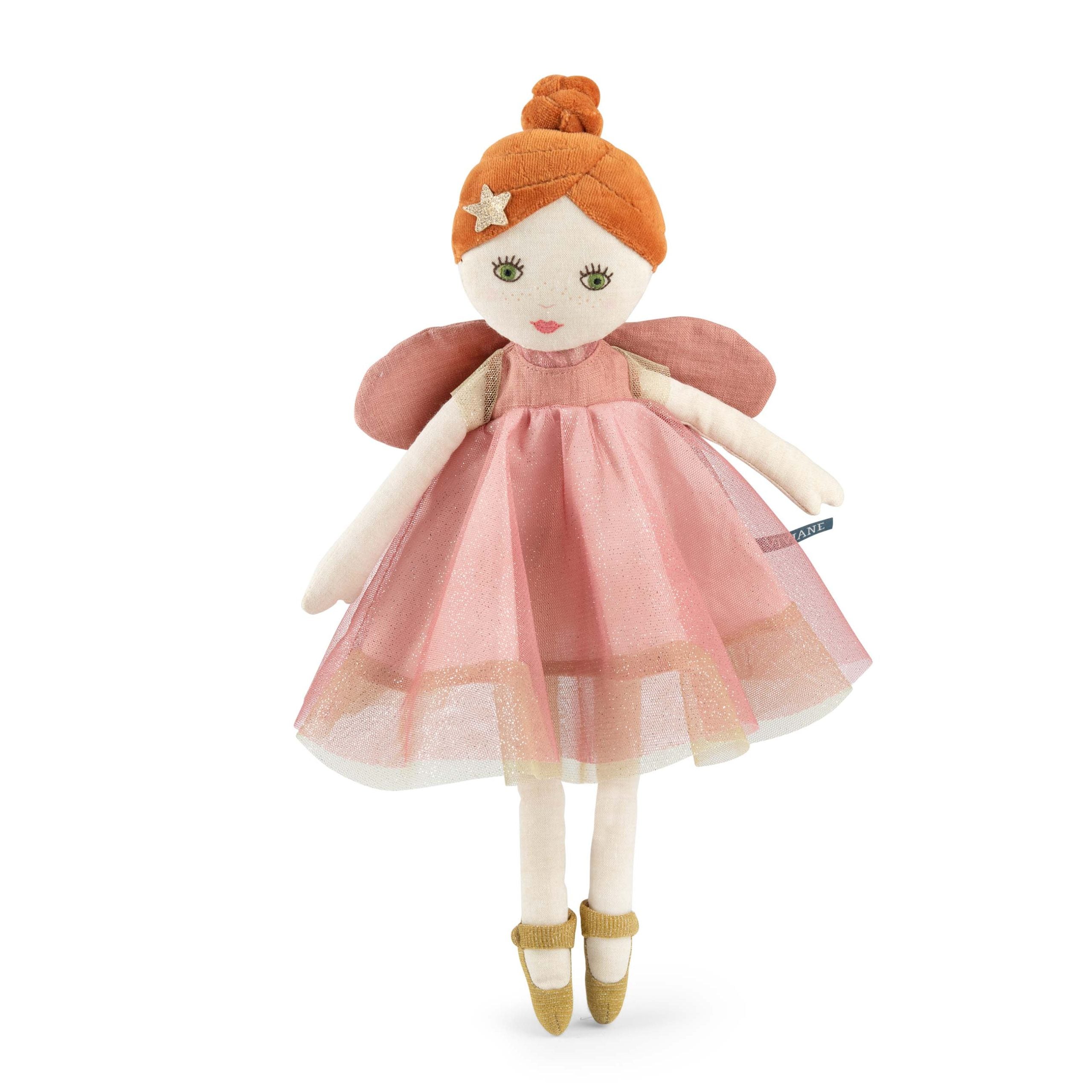 Szmaciana lalka wróżka w różowej sukience z tiulem z pomarańczowymi włosami i złotymi bucikami dla dziecka. Moulin Roty Wróżka różowa 39cm Les Fées