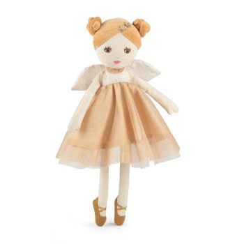Szmaciana lalka wróżka w złotej sukience z tiulem z jasnymi skrzydłami dla dziecka. Moulin Roty Wróżka złota 39cm Les Fées