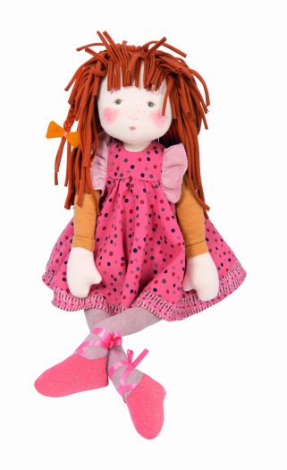 Szmaciana lalka z rudymi włosami w różowej sukience w czarne kropki dla dziecka. Moulin Roty Lalka szmaciana Anemone 57 cm