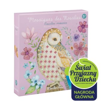 Mozaika z obrazkiem sowy i kwiatów na różowym tle dla dzieci powyżej 5 lat. Moulin Roty Mozaiki LES ROSALIES