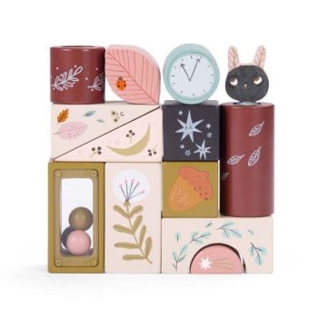 Drewniane klocki aktywizujące w pastelowych kolorach z motywami roślinnymi i zwierzęcymi dla dziecka. Moulin Roty Klocki aktywizujące 13 elem. APRES LA PLUIE