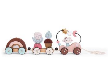 Drewniany pociąg do ciągnięcia z trzema wagonikami w pastelowych kolorach dla dziecka. Moulin Roty Pociąg do ciągnięcia APRES LA PLUIE