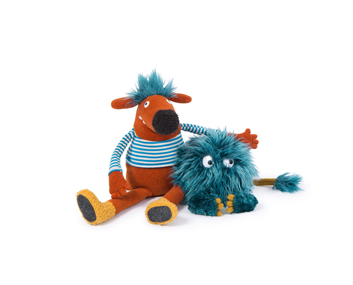 Pluszowa pomarańczowa postać z niebieskimi włosami w paskowanej bluzce i pluszowy niebieski stworek z dużymi oczami dla dziecka. Moulin Roty Stworek Maskotka CHOUKETTE Les Schmouks