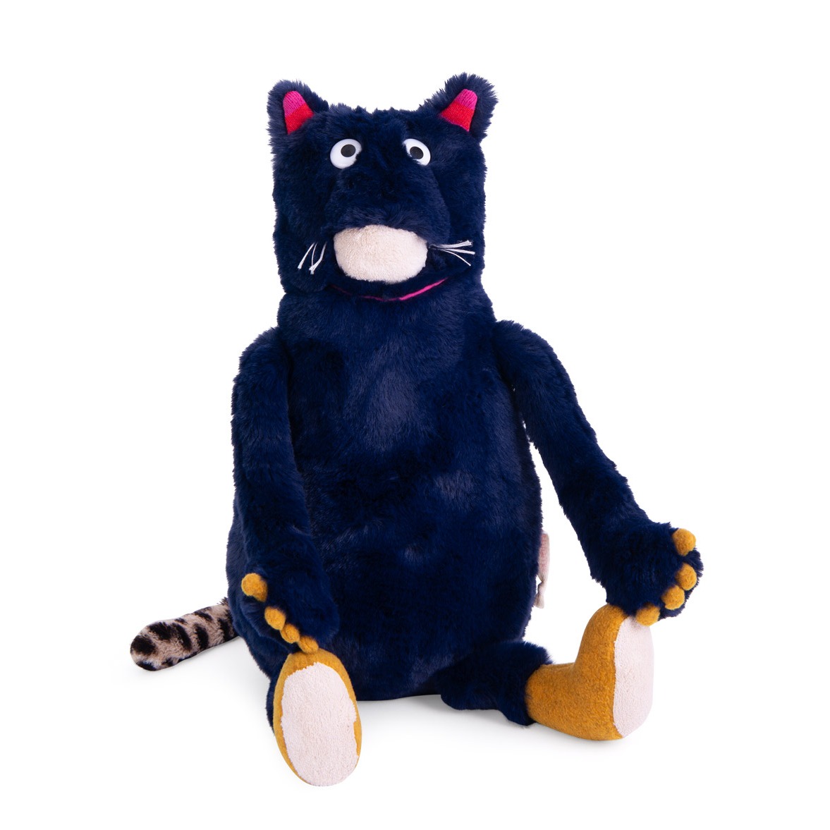 Pluszowa maskotka kotek ciemnoniebieski z pomarańczowymi łapkami i cętkowanym ogonem 50 cm dla dziecka. Moulin Roty Maskotka CHACHA Les Schmoouks 50cm