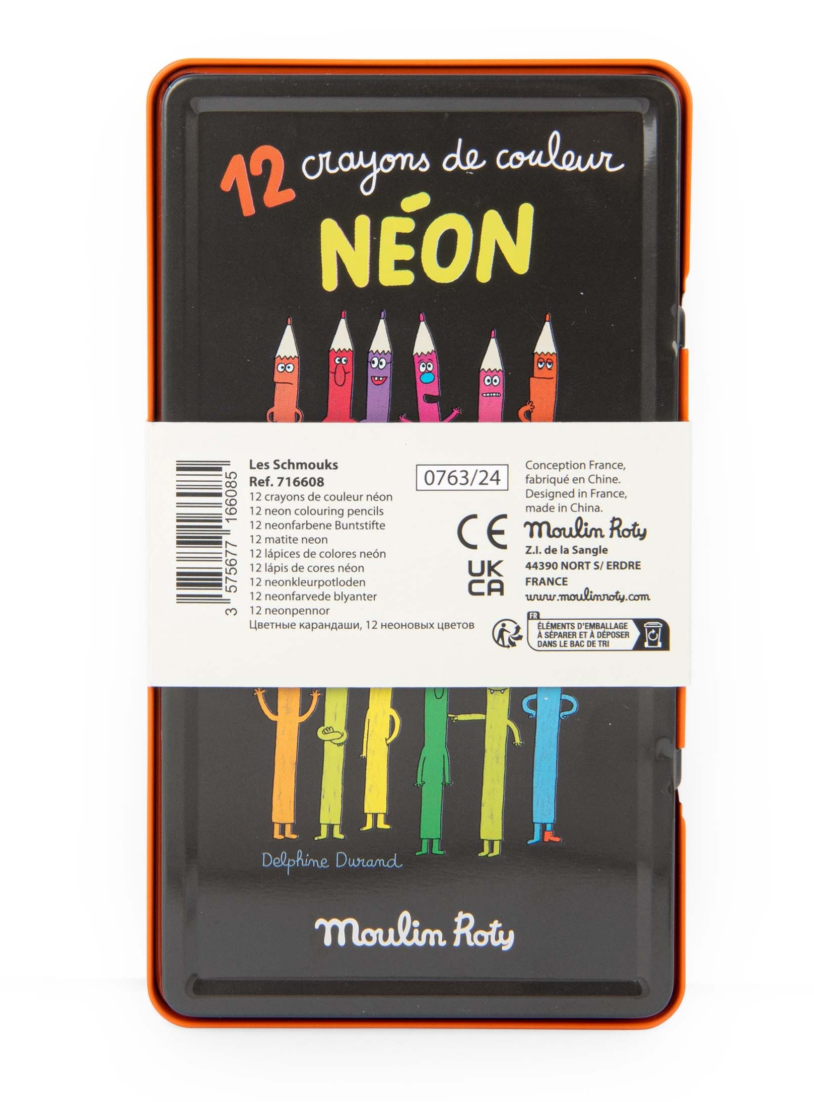 Zestaw 12 neonowych kredek ołówkowych w metalowym pudełku dla dzieci. Moulin Roty 12 kredek neonowych LES SCHMOUKS