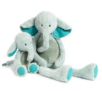 Duży pluszowy słoń w szaro-turkusowych kolorach dla dziecka. Moulin Roty Duży pluszowy słoń LES BABA BOU 57 cm