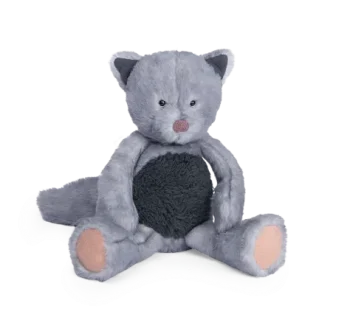 Mały pluszowy szary kot z różowymi łapkami dla dziecka. Moulin Roty Mały pluszowy kot Les Baba Bou 30 cm