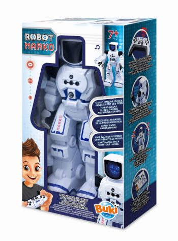 Biały robot edukacyjny z czarnymi i niebieskimi detalami dla dzieci powyżej 7 lat. Buki Robot MARKO